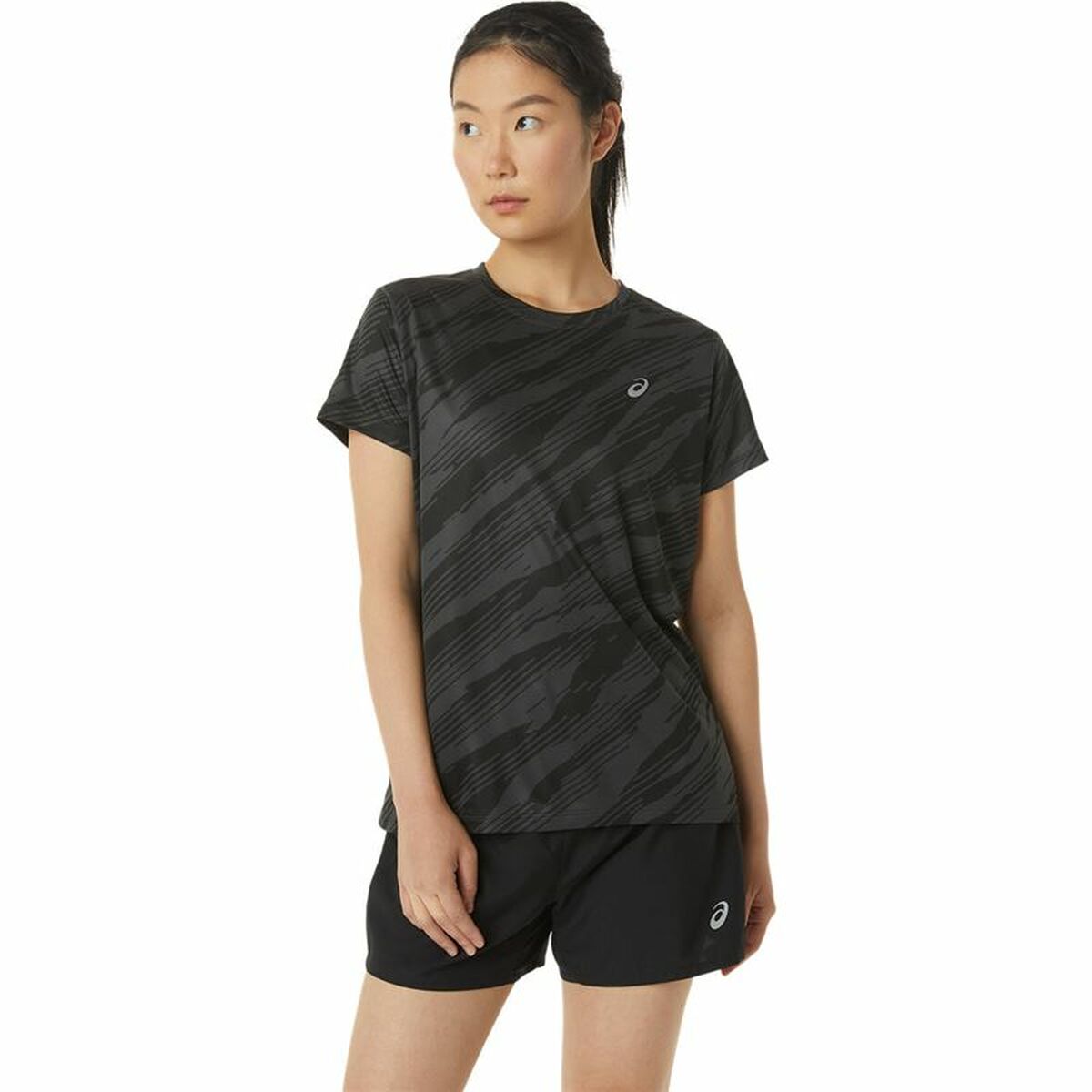 Women’s Short Sleeve T-Shirt Asics Core All Over Print Black Lady Asics