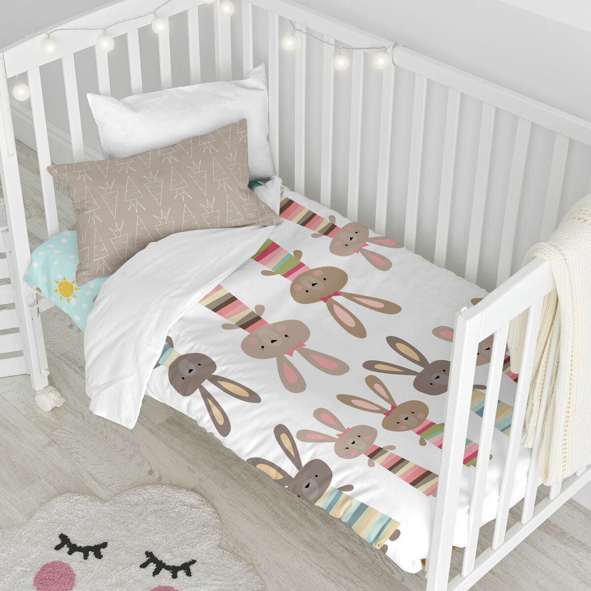 Duvet cover set HappyFriday Moshi Moshi Rabbit Family Multicolour Baby Crib 2 Pieces HappyFriday