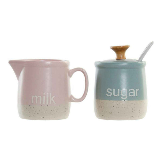 Milk jug and sugar bowl DKD Home Decor Pink Sky blue Stoneware 11 x 7,5 x 9 cm (2 Units)