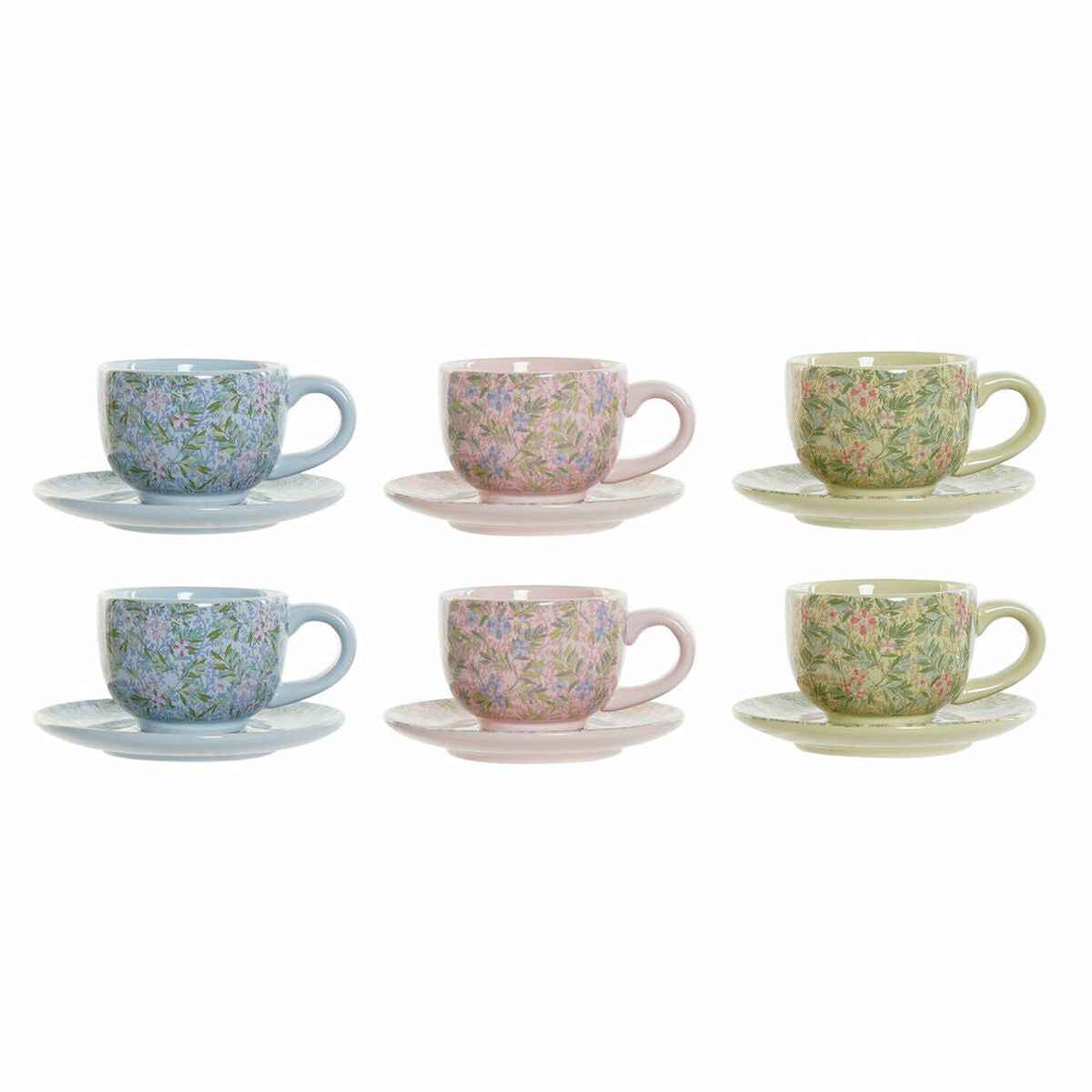 Piece Coffee Cup Set DKD Home Decor Blue Pink Metal Green Flowers Dolomite (6 pcs) (180 ml) (14 x 14 x 7 cm)