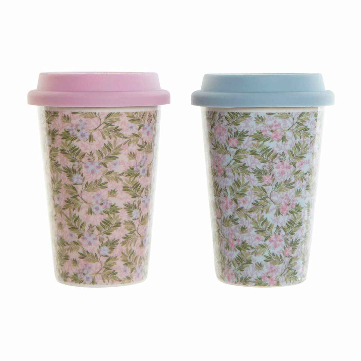 Mug DKD Home Decor Blue Green Pink Silicone Porcelain Flowers (400 ml) (3 pcs)