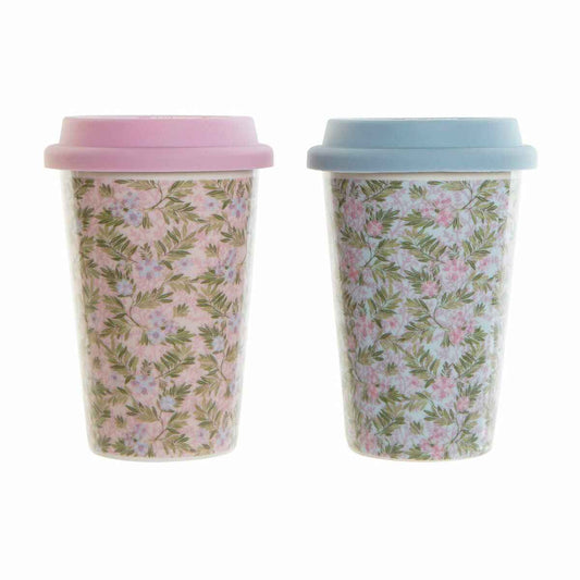 Mug DKD Home Decor Blue Green Pink Silicone Porcelain Flowers (400 ml) (3 pcs)