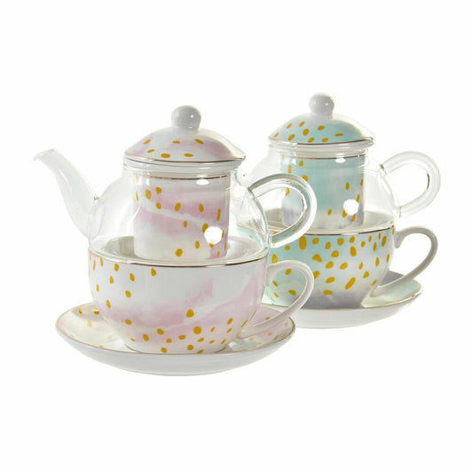 Teapot DKD Home Decor Crystal Porcelain Pink Transparent White Green (2 Units)