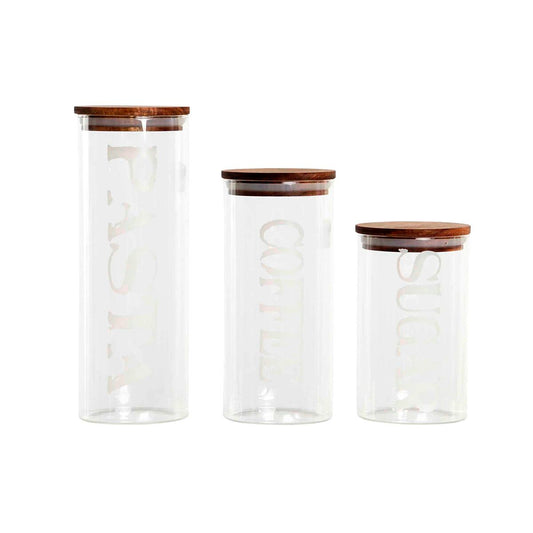 3 Tubs DKD Home Decor 10,2 x 10,2 x 27,7 cm Natural Transparent Acacia Letters Borosilicate Glass