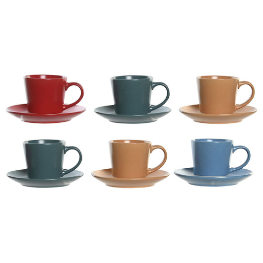 Set of Mugs with Saucers DKD Home Decor Yellow Blue Red Green Stoneware 180 ml 14 x 14 x 2 cm