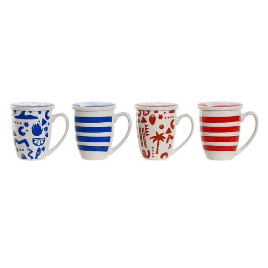 Cup with Tea Filter Home ESPRIT Blue Red Stainless steel Porcelain 380 ml (4 Units)