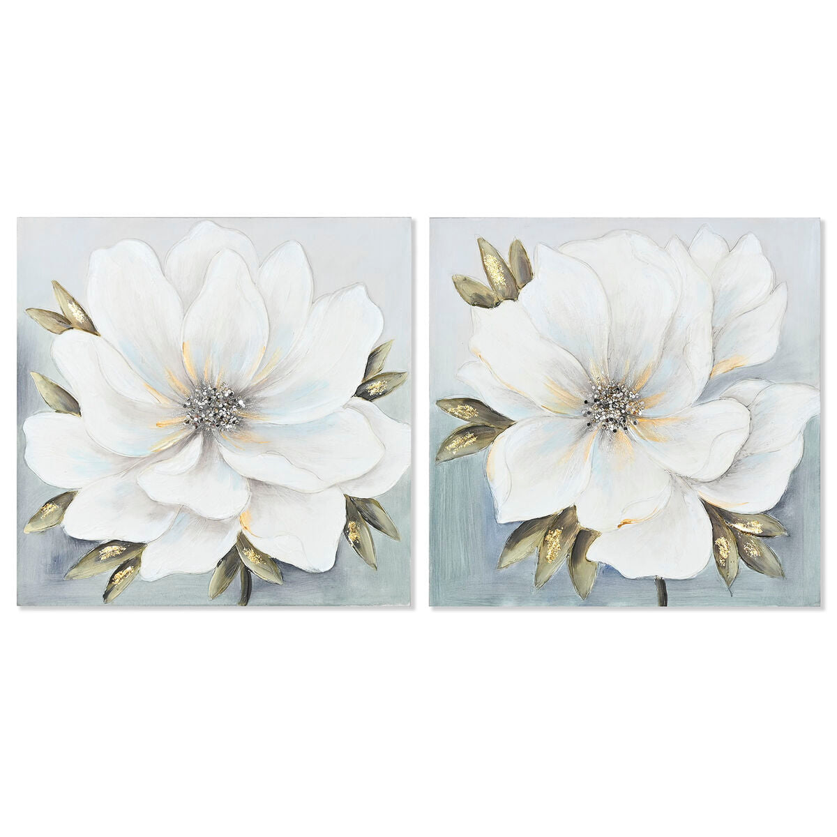 Painting Home ESPRIT White Golden Canvas MDF Wood Flower Romantic 60 x 3 x 60 cm (2 Units) Home ESPRIT