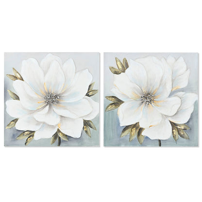 Painting Home ESPRIT White Golden Canvas MDF Wood Flower Romantic 60 x 3 x 60 cm (2 Units) Home ESPRIT