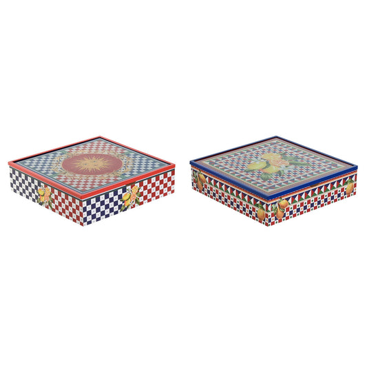 Box for Infusions Home ESPRIT Blue Red Multicolour Metal Crystal MDF Wood 24 x 24 x 6,5 cm (2 Units)