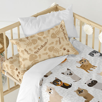 Duvet cover set HappyFriday Mr Fox Cats Multicolour Baby Crib 2 Pieces HappyFriday