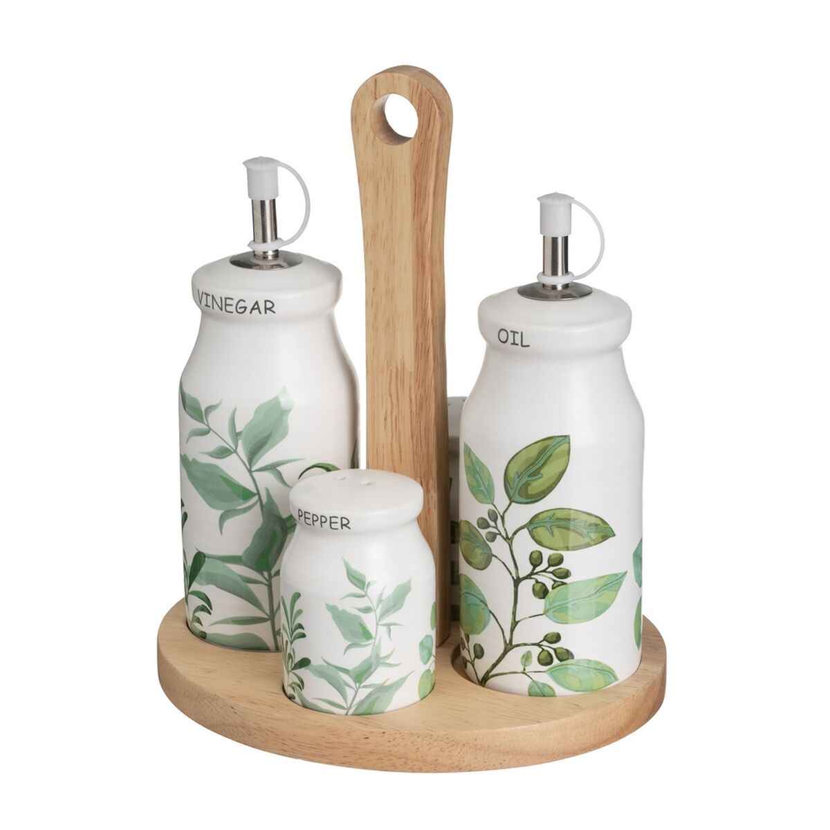 Oil and Vinegar Set GREENS White Green Wood Stoneware 210 ml 21 x 8,5 x 18 cm 4 Pieces