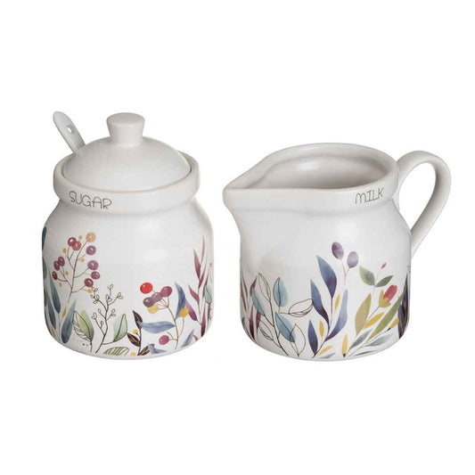 Milk jug and sugar bowl BERRIES White Red Green Stoneware 250 ml 18,5 x 9 x 10 cm