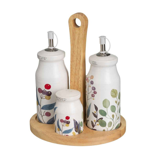 Oil and Vinegar Set BERRIES White Red Green Wood Stoneware 210 ml 21 x 8,5 x 18 cm 4 Pieces