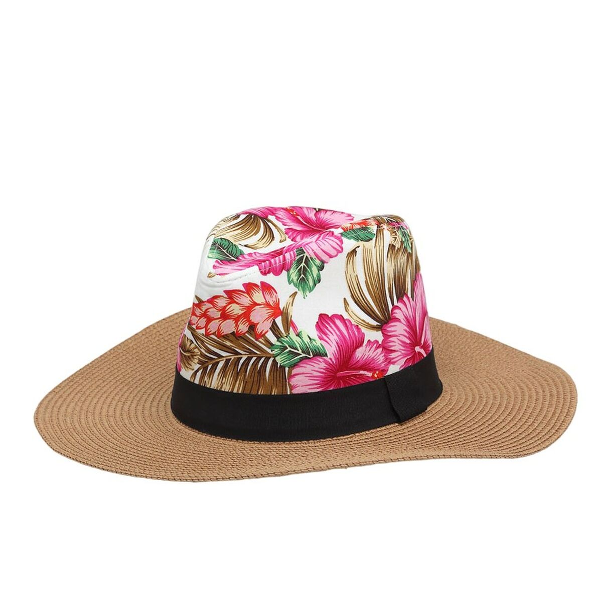 Wide-brimmed Straw Hat Flowers Pink BigBuy Fashion