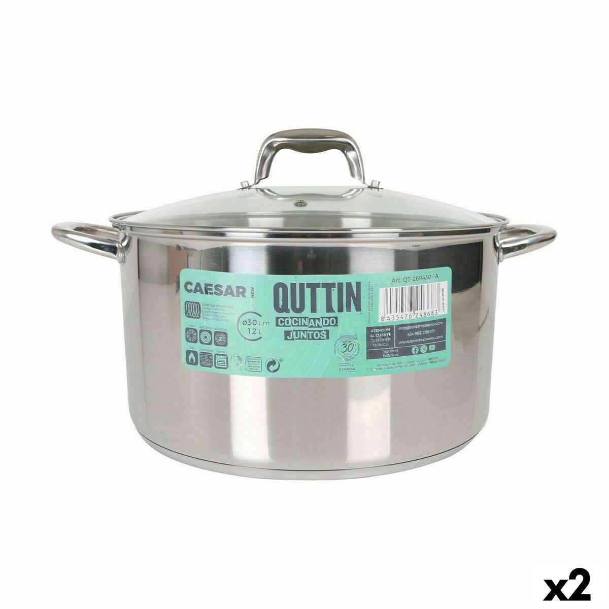 Pot with Glass Lid Quttin Caesar Steel ø 30 x 17,5 cm (2 Units)