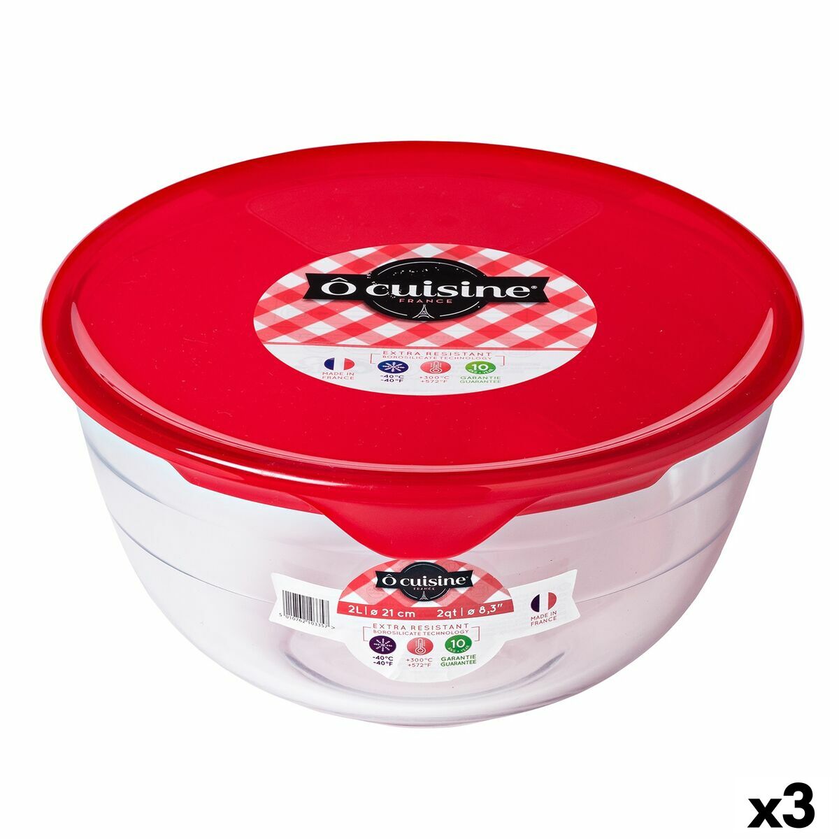 Round Lunch Box with Lid Ô Cuisine Prep&store Ocu Red 2 L 22 x 22 x 11 cm Glass (3 Units) Ô Cuisine